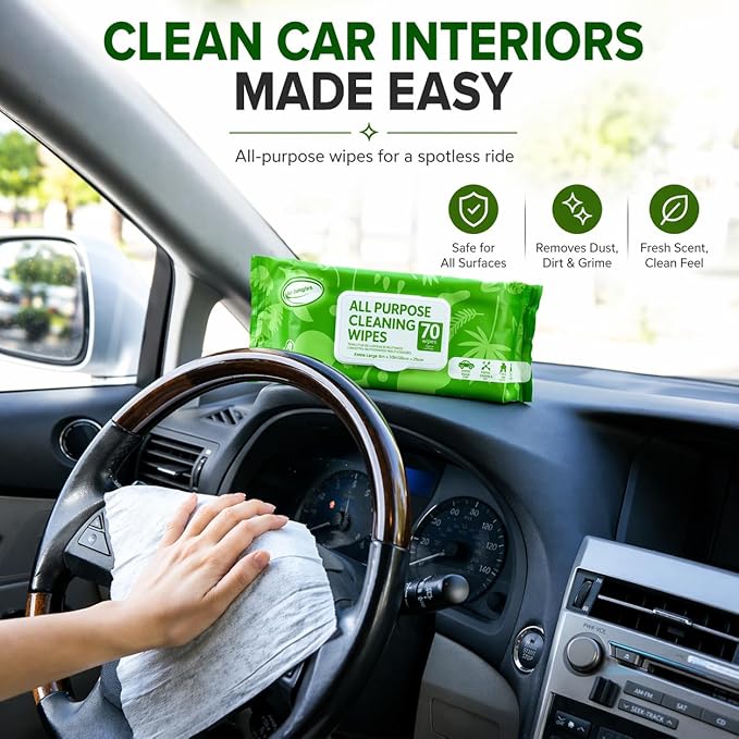 Air Jungles All Purpose Car and Home Cleaning Wipes 70 Count (Pack of 3), Extra Large 8" x 10" Size Cleaner Wipes for Car Interior Household Appliance Yoga Mat Desk Gym Equipment Couch Desk & Fabric