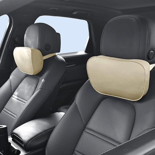 Car Neck Pillow for Headrest, 2 Pack PU Leather Car Headrest Pillow for Neck Support, Super Soft Ergonomic Du-Pont Bio Cotton Travel Pillow with Adjustable Strap (Beige, Shaped Style)