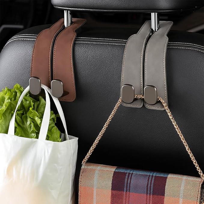 Car Seat Back Storage Hook, 2026 New Two Hook Fur Leather Seat Back Headrest Hanger Genuine Leather Double Metal Hook for Backseat Organizer, Car Organization Accessories (2, Brown)