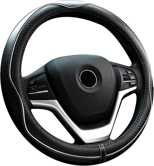 Valleycomfy Steering Wheel Covers Universal 15 inch - Genuine Leather, Breathable, Anti Slip & Odor Free (White Line, M(14" 1/2-15" 1/4))