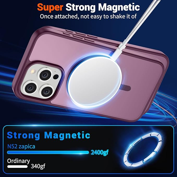SUPFINE Magnetic for iPhone 15 Pro Case (Compatible with MagSafe) (Military Grade Drop Protection) Translucent Matte Shockproof Phone Case, Wine Red