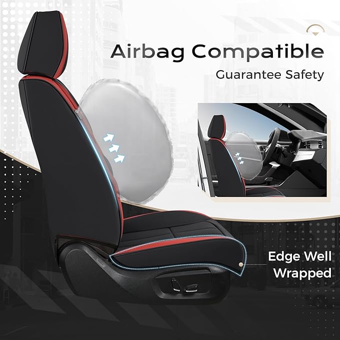 Coverado Car Seat Cover, Cover for Cars Front Seat, Premium Leather, Universal Fit Waterproof Seat Protectors, Car Seat Cushion Non-Slip for Most Cars-Black Red