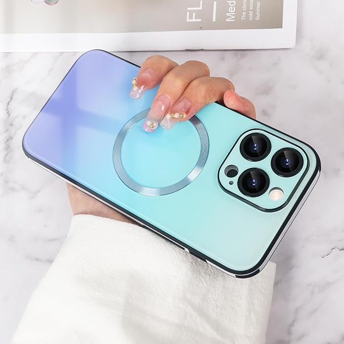 Guppy Compatible with iPhone 14 Pro with MagSafe Case, Magnetic Gradient Case with MagSafe Charging, Gradient Glass Back Cover with Lens Film-Blue