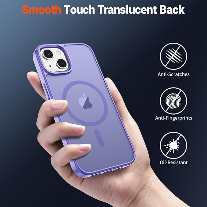 SUPFINE Magnetic for iPhone 14 Case & iPhone 13 Case (Compatible with MagSafe)(Military Grade Drop Protection) Translucent Matte Shockproof Phone Cover,Purple