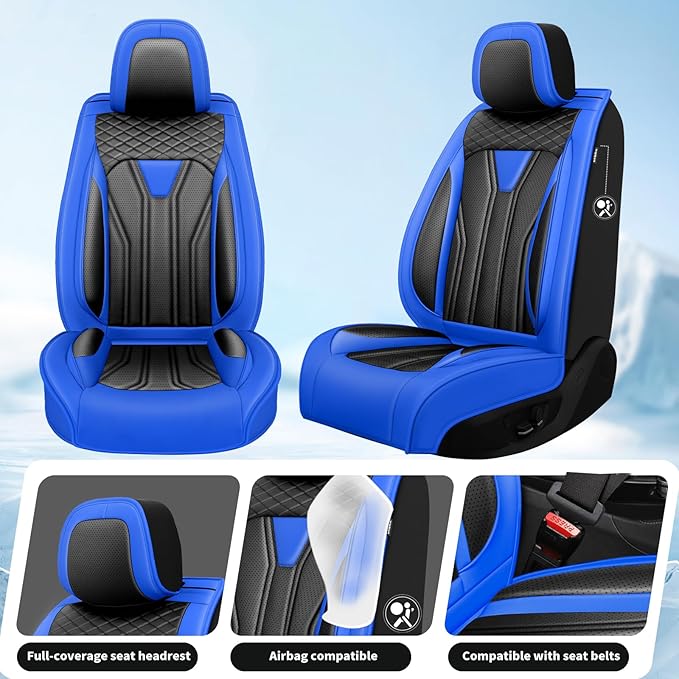 Fit Leaf Car Seat Covers Compatible with Nissan Leaf 2012-2025 2026 - Premium Leather， Waterproof Breathable， All-Weather Seat Cushion Protecto&Airbag Compatible (2 Front Seat Blue&Black)