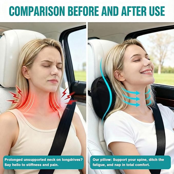 2PCS Car Pillow for Car Neck Pillow for Driving Seat Neck Support Soft Cushion Back Support Head-Rests for Vehicle Sleeping with Elastic Adjustment Strap (Black, Head)