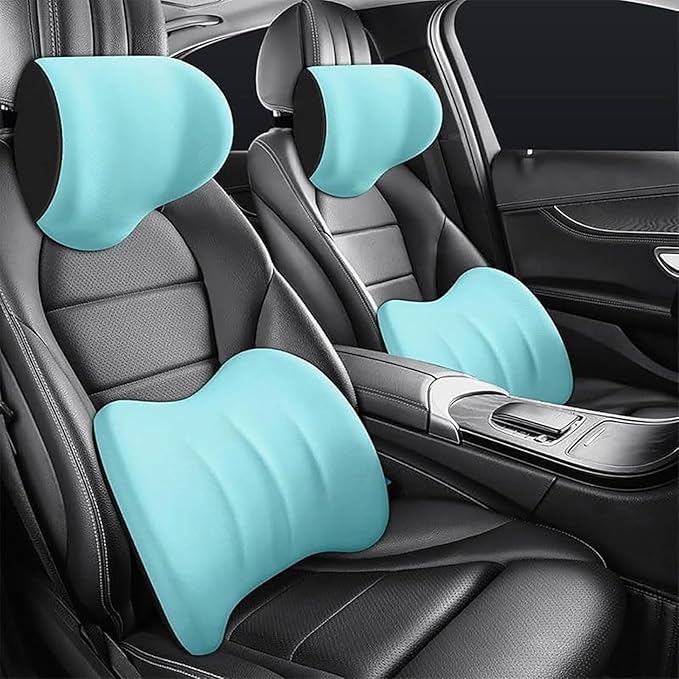 Car Headrest & Lumbar Support Cushion for Dodge Ram 1500 2019-2025, Ergonomic Car Seat Headrest Memory Foam Neck and Back Pillow Kit Breathable Removable for Driving Fatigue Relief,C/Blue