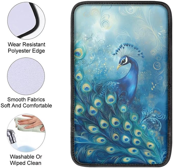 Suobstales Blue Peacock Print Car Armrest Pad Soft Center Console Arm Rest Protector Cover Universal Car Interior Accessories Decoration