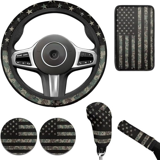 Vintage American Flag Car Interior Accessories Military Green Car Steering Wheel Cover Cup Coaster Handbrake Gear Cover Suit for Truck Vans SUV 6pcs