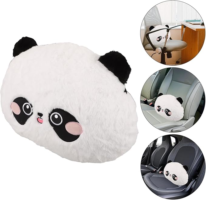 Mikinona Cartoon Panda Lumbar Support Pillow for Car Seat Cushion, Cute Panda Neck Pillow with Rabbit Hair Embroidery, Soft Round Waist Support for Driving and Office Use