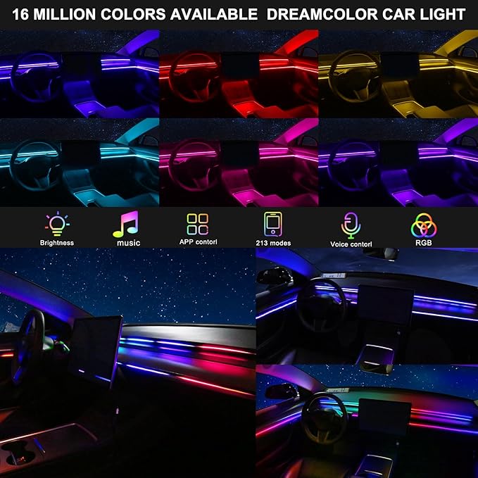 Dreamcolor Acrylic Interior Car LED Strip Light with USB/Type C, RGB 2 in 1 with 110.2 inches LED Strip, Dynamic Chasing Music Sync Neon Ambient Lighting Kits