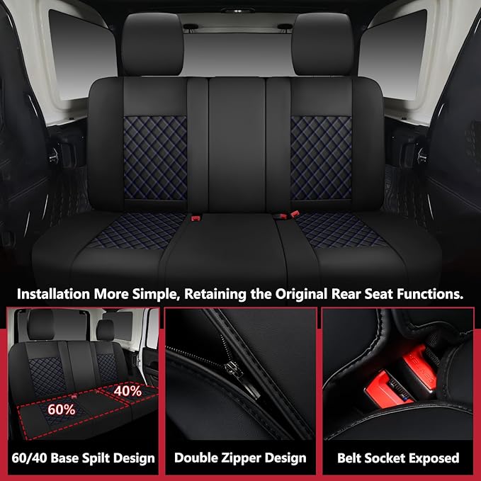 Wrangler Seat Covers 2007-2026 Full Set, Waterproof Leather Interior Sets with Lumbar Support Custom Fit for Jeep Wrangler JK JL 4 Door Unlimited Sahara/Sport/Rubicon X 392 Willys, Black Blue