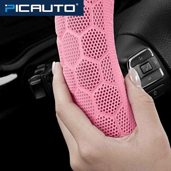 PIC AUTO Massage Steering Wheel Cover, Pink Football Pattern Material Spliced & Light Green Leather Car Steering Wheel Cover, Car Steering Cover, Universal Fit 14.5"-15.5" for Cars, Trucks, Van, SUVs
