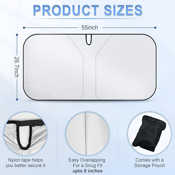 SINGARO 300T Universal Car Windshield Sun Shade, Foldable Reflective for Windshield & Window Shades with Overlapping Design, Car Interior Accessories (55" L x 26.7" W)