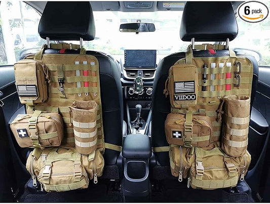 Molle Tactical Seat Back Organizer Panel with Pouches, Universal Fit For Vehicle Car, Khaki