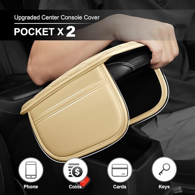 Upgraded Car Center Console Cover Fit for Land Cruiser Faux Leather Car Armrest Cover Cushion with 2 Storage Bags,Car Armrest Storage Box Interior Accessories(Beige&Whiteline)