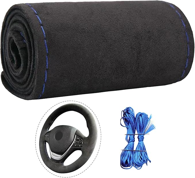 Suede Leather Steering Wheel Cover Wrap Kit - DIY Stitch-On for 16-17" Wheels, Superior Sweat Absorption & Non-Slip Grip, Comfortable & Durable Year-Round Upgrade