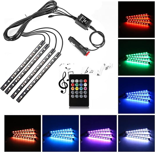 Car LED Strip Light,Uniwit 4 Pieces DC 12V 72 LED Multicolor Car Interior Music Light LED Underdash Lighting Kit with Sound Active Function and Wireless Remote Control Including Car Charger