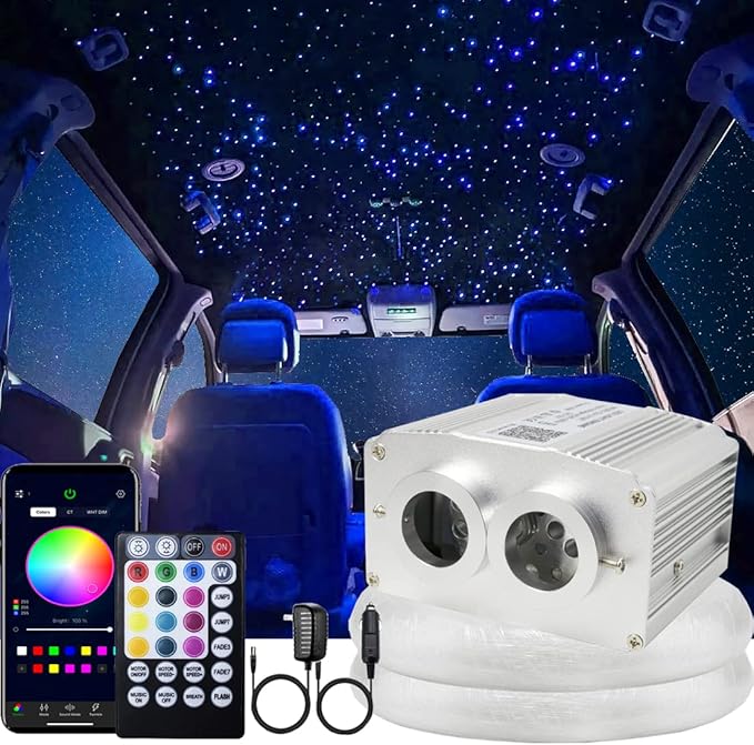 AZIMOM Two Port 16W Twinkle 800pcs Fiber Optic Starlight Headliner Kits 0.03in 13.1ft Fiber Strands Sound Activated Remote APP Control Dual Port Starlight Box Car Home Ceiling Decor