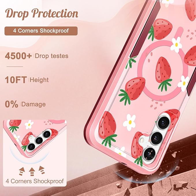 for Samsung Galaxy A14 5G Phone Case - Compatible with MagSafe Women Girls Cute Magnetic Protective Cover Girly Kawaii Strawberry Heavy Duty Shockproof Design for Samsung Galaxy A14 5G Cases