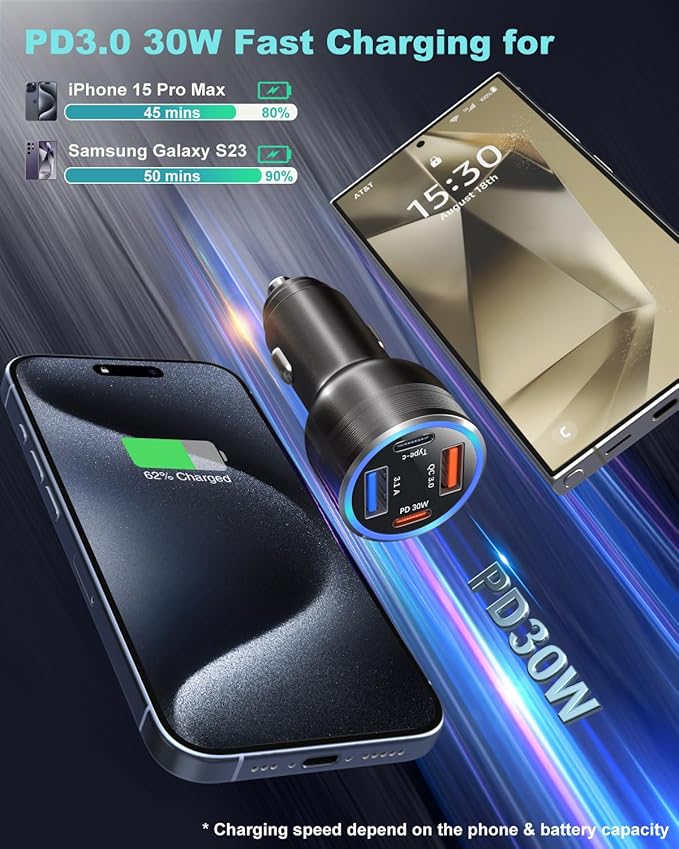 USB C Car Charger 65W, OKRAY 3-Pack 4-Port Type C Fast Car Phone Charger PD30W&QC3.0 Multiport 12v Cigarette Lighter Adapter for iPhone 17 Air 16e 16 15 14 13 12 Pro Max, iPad, Samsung Galaxy S25 S24