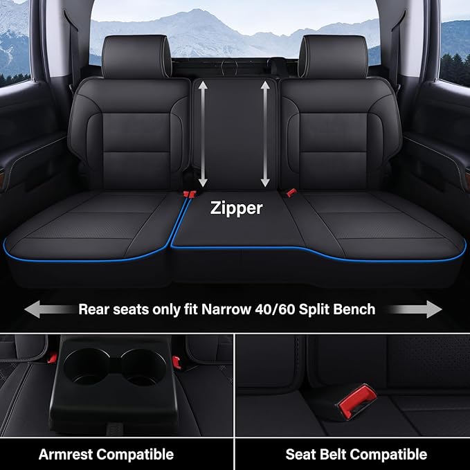 Coverado Chevy Silverado Seat Covers Full Set, Faux Leather Car Seat Covers Fit for 2014-2018 1500, 2015-2019 2500HD 3500HD Chevy Silverado GMC Sierra Crew Double Extended Cab(Blueline)