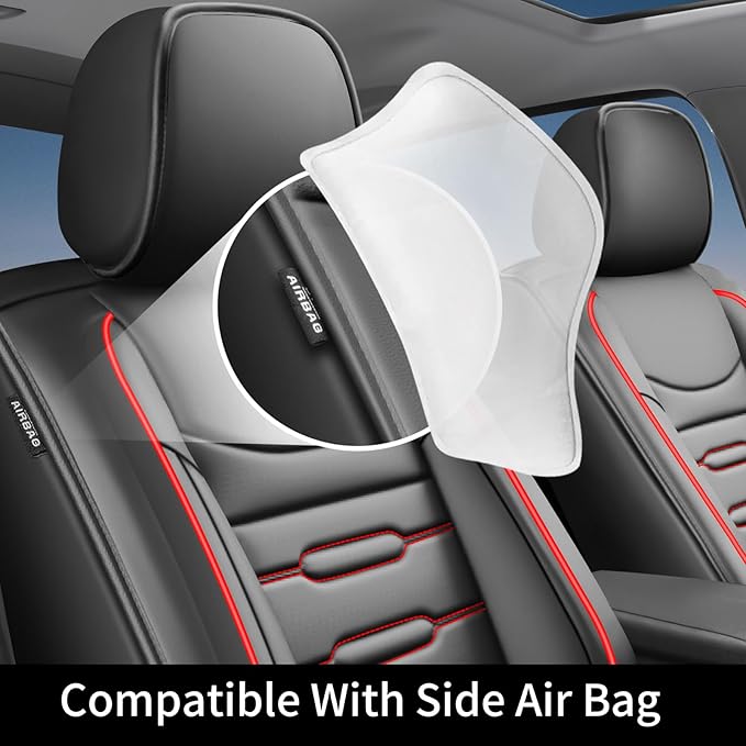 Fit Prius Car Seat Covers for Toyota Prius 2001-2024 2025 2026 - Upgraded Premium Waterproof & Breathable Leather, Airbag Compatible, All-Weather Seat Cushion Protector (2 Front/Black+Red)