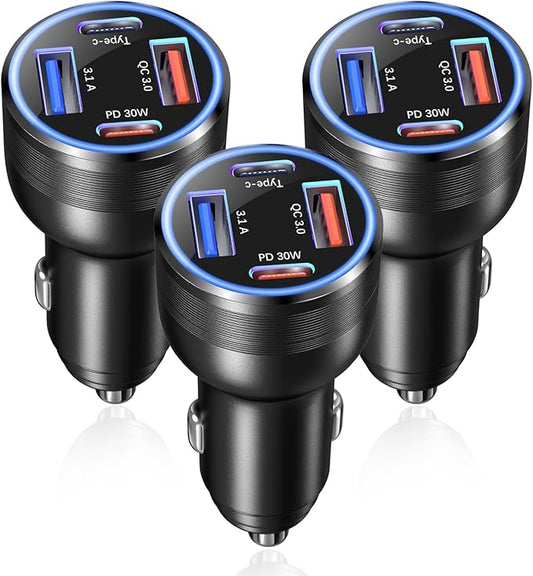USB C Car Charger 65W, OKRAY 3-Pack 4-Port Type C Fast Car Phone Charger PD30W&QC3.0 Multiport 12v Cigarette Lighter Adapter for iPhone 17 Air 16e 16 15 14 13 12 Pro Max, iPad, Samsung Galaxy S25 S24