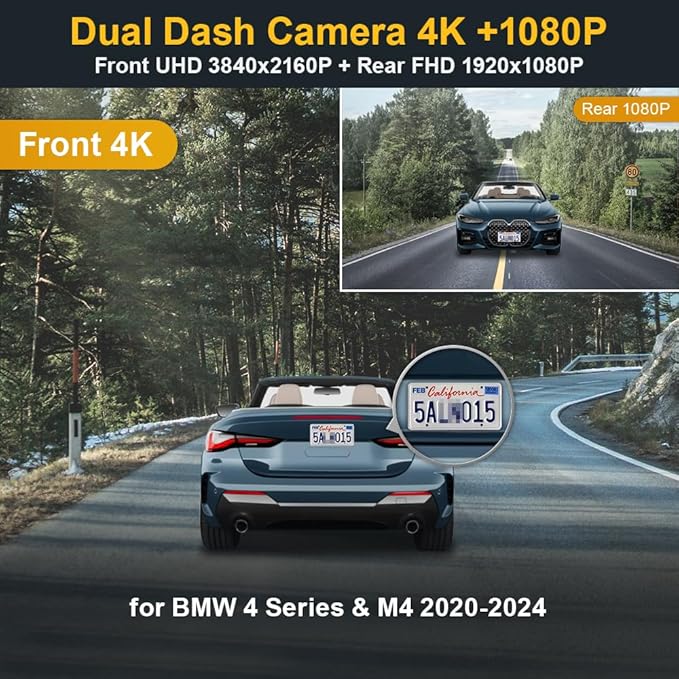 Fitcamx Front 4K+Rear 1080P Dash Cam Suitable for BMW 4 Series M4 2020-2024 430i 440i M440i Xdrive G22 G23 G26 G82 G83 (HD2-6308), OEM Look, Dual Loop Recording, WiFi & APP, G-Sensor, 128GB Card