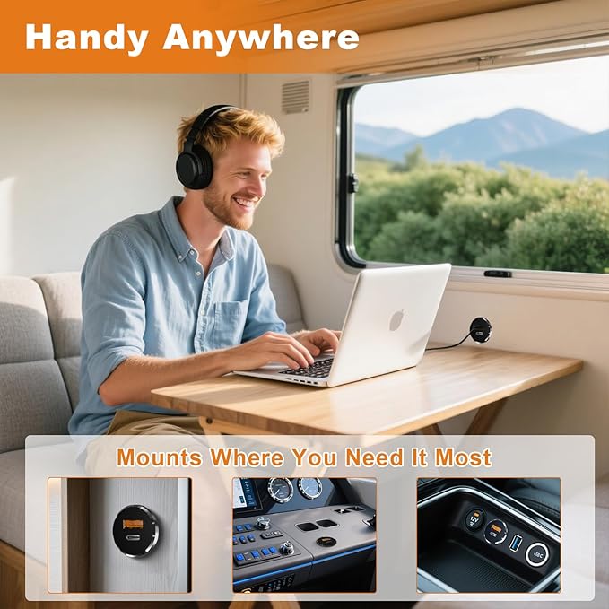 66W 12V USB Outlet PD 30W Type-C QC3.0 36W USB-A Dual Port Aluminum Fast Charging Socket for Laptop, Replacement Car Charger Accessories for RV Camper Trailer Truck Boat Golf