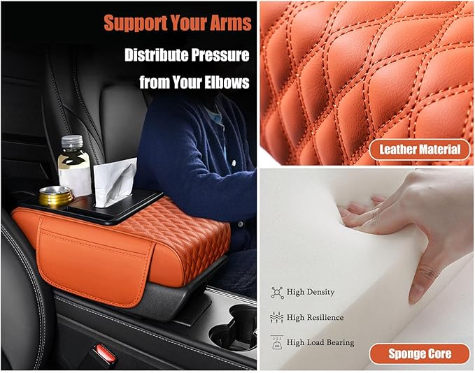 Car Armrest Center Console Cover for Genesis GV70 2021–2025, Center Console Pad with Cup Holder, Multifunctional Armrest Cushion,F Orange