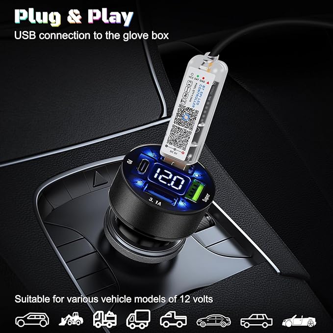 Dreamcolor Acrylic Interior Car LED Strip Light with USB/Type C/4-Port Cigarette Lighter, RGB 10 in 1 with 187 inches 650 LEDs Ambient Lighting Kits, Sound Active Function Neon Led Strips for Car