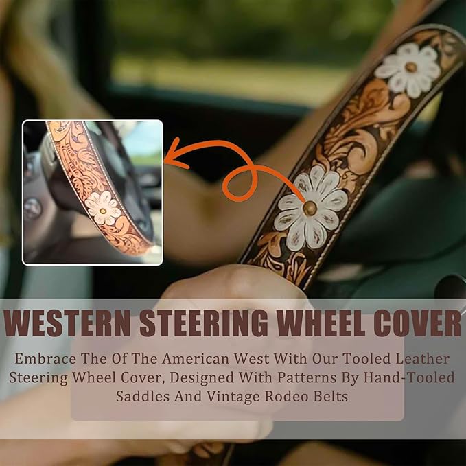 Retro Western Cowboy Car Universal Steering Wheel Cover, Embossed Handcrafted Tooled Leather Western,Anti Slip, Auto Interiors Accessories,Breathable for Trucks SUVs Cars (E)