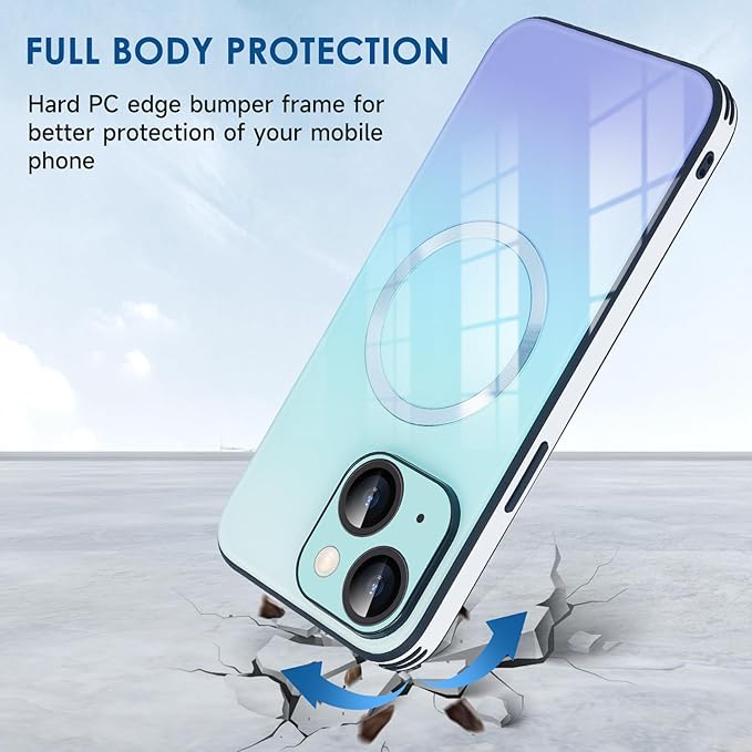 Guppy Compatible with iPhone 13 with MagSafe Case, Magnetic Gradient Case with MagSafe Charging, Gradient Glass Back Cover with Lens Film-Blue