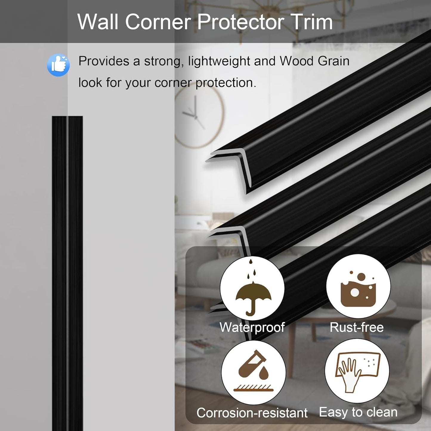 6 Pcs 49" Wall Corner Protector Trim, Black Wood Grain Edge Strip for Door and Window Frames Mirror Trim Backsplash Tile Edge (Black)