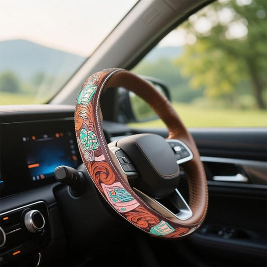 Steering Wheel Cover Western Car Tooled Leather Retro Cowboy Car & Truck Accessory, Universal 15 Inch Non Slip Wheel Cover for SUV, Pickup, Comfortable Grip, Easy to Install (Sky Blue)