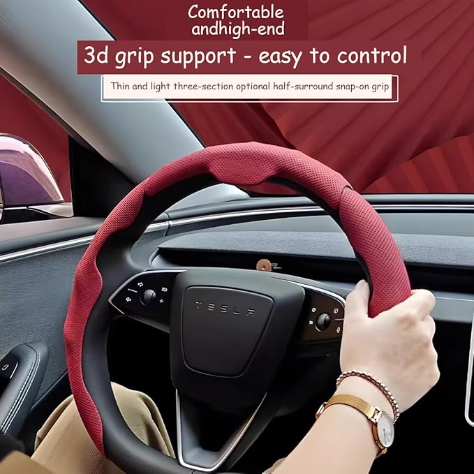 Car Steering Wheel Cover, Nappa Leather 15 Inch Snap-On 3PCS Set Vehicle Steer Wheel Wrap Protector, Non-Slip Automotive Interior Protection Accessories, Universal Fit (Red)