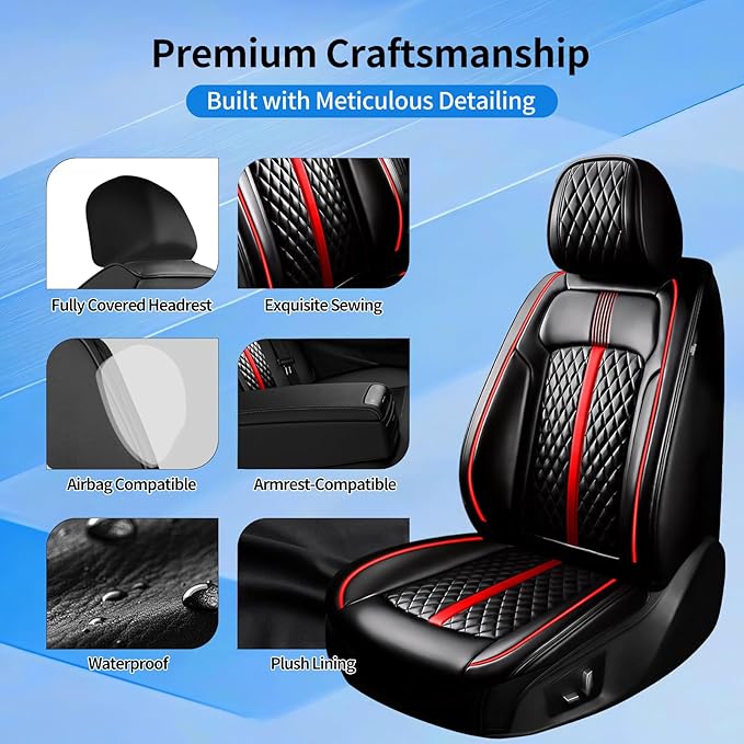 Fit CX-50 Car Seat Covers for Select Mazda CX50 2023-2026 - Premium Full Coverage Leather, Airbag Compatible, Luxury Waterproof All Weather Breathable Seat Protector, Full Set, Red Trim