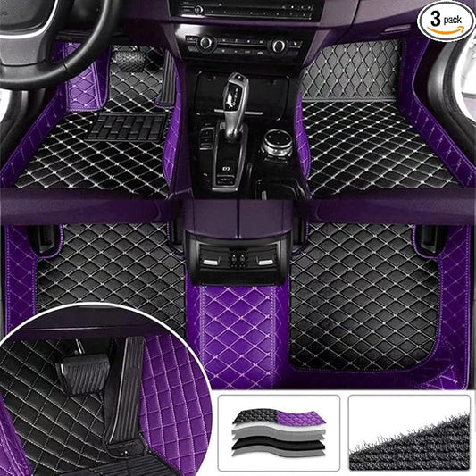 Custom Fit Car Floor Mats - Full Coverage Automotive Leather Floor Liners for Most Vehicles by MingyunSM (Black & Purple)