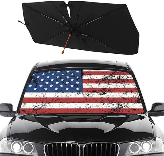 Retro American Flag Car Windshield Sun Shade Umbrella Foldable America Patriot Sunshade for Front Window Auto Windshield Sunshade Covers USA Car Accessories Protect from Sun Rays Heat 57'' X 30''