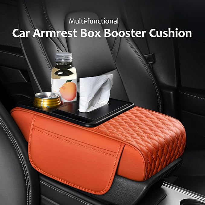 Car Center Console Armrest Pad, Arm Rest Box Cushion with Ergonomic Height Boost, Storage Pockets, Built-in Tissue Box, Cupholder, Fit for Most Sedan Vehicles (Embroidery Water Ripple, Pink)