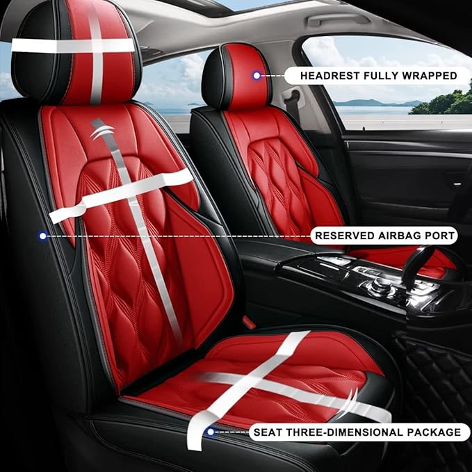 AOMSAZTO Car Seat Cover Custom Fit for GMC Terrain:2010-2026 Faux Leather Car Seat Protector Compatible Airbag Front Rear Seat(Black&Red, Front 2 Seats)
