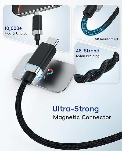 Magtame 2Pack USB C to USB C Cable 5FT, StayCable 60W Fast Charging Type-C Cable with Anti-Drop Magnetic Holder for Bedside, Desk, Car, Compatible with iPhone 17/16, Laptop