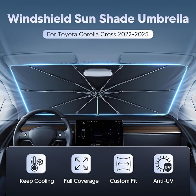 Autorder Windshield Sun Shade Umbrella for 2022-2025 2026 Toyota Corolla Cross Accessories,Upgraded Ice Crystal Material,Easy Setup Umbrella Sunshade for Car Windshield,100% Sun Blocking