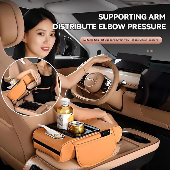 Multifunctional PU Leather Car Armrest Box Mat, 5-in-1 Multifunctional Car Armrest Cushion, Center Console Cover with 2 Cup Holder, For Storing Tissues, Phones, Wallets, Drinks, for Most Cars (Red)