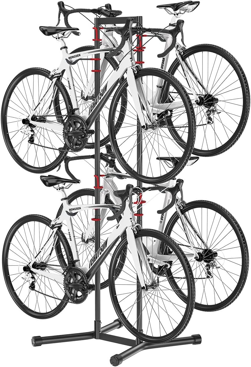 teraysun Indoor 4 Bike Storage Rack, Adjustable Arm Hook for Mountain, Road Bicycles, Beach Cycle, and Fat Tire Bikes, Freestanding Mount Home & Garage Vertical Bike Floor Stand Hold Up to 154lbs