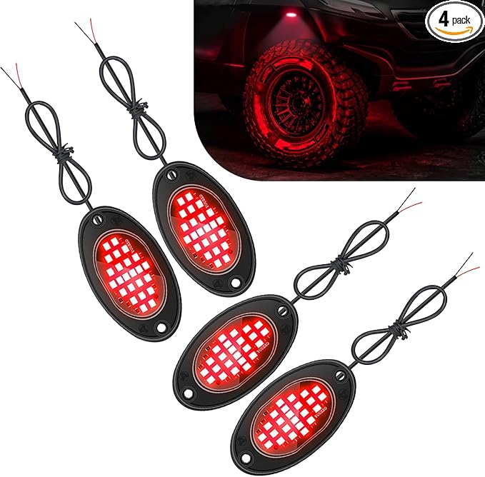 4 PCS LED Rock Lights, Super Bright Neon Underglow Lights, Waterproof Ambient Underglow Light Kit, Universal Undercar Neon Light Kit for Pickup Off Road RZR SUV ATV UTV Car (Red)