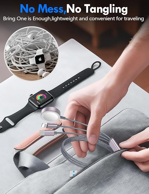 Travel Essentials for Apple Watch Charger,iPhone Charger,3 in 2 Type C/L/Magnetic Fast Charging Cable,Multi Charging Cable Portable Designed for iWatch Series,iPhone 17-11,Galaxy S26-S21,Car-4FT