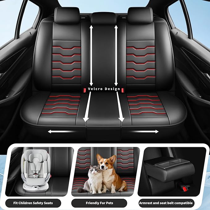 Fit Kona Car Seat Covers for Select Hyundai Kona 2018-2025 2026. Premium Leather, Waterproof， Breathable, Scratch-Resistant & All-Weather Seat Cushion Protector (Front Pair,Red Line Black)