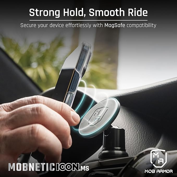 MobNetic Icon.MS MagSafe Compatible Phone Mount, Magnetic Phone Holder for Car w/ 90lb Pull Force, 90º Tilt & 360º Rotation, Aluminum Build, Compatibility for iPhone & Android (Obsidian Black)